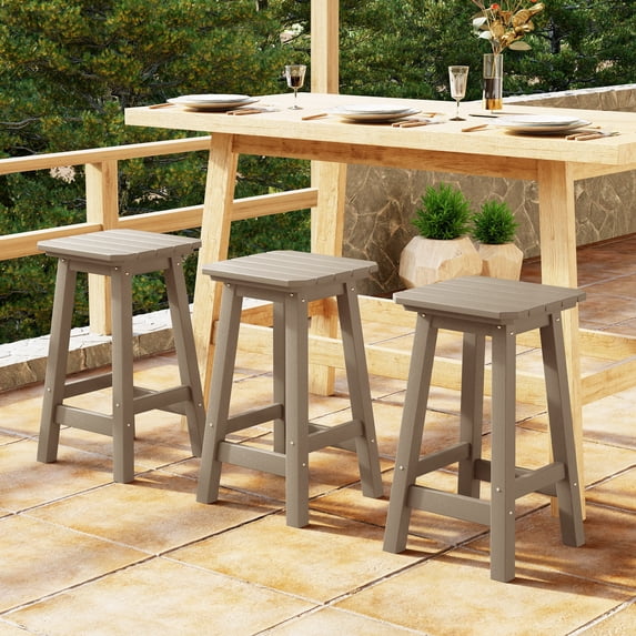 WestinTrends Malibu 24" HDPE Outdoor Patio Counter High Backless Square Bar Stools Set of Three, Weathered Wood