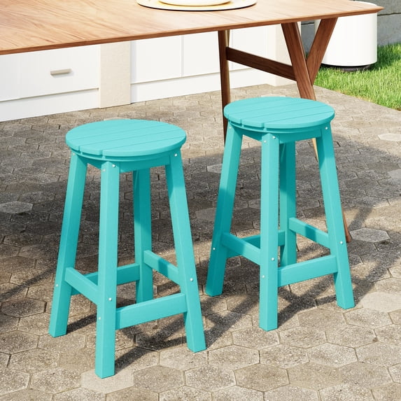 WestinTrends Malibu 24" HDPE Outdoor Patio Round Counter Height Bar Stool Set of 2, Turquoise