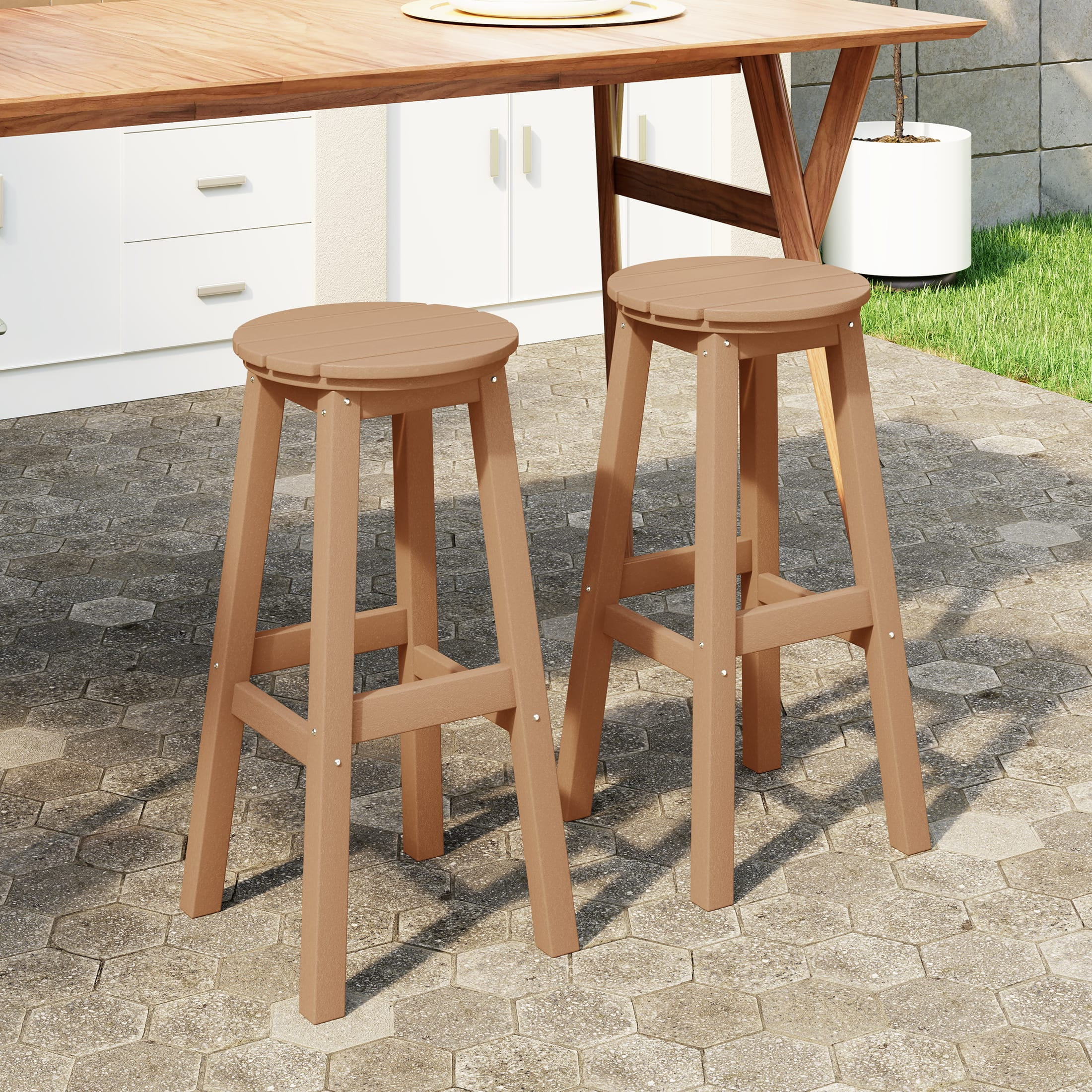 Teak 29" Backless HDPE Outdoor Bar Stools, Set of 2