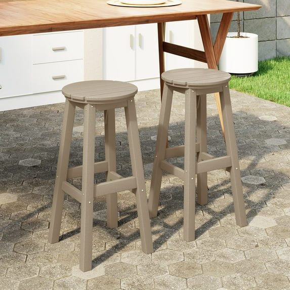 WestinTrends Malibu 29" HDPE Outdoor Patio Round Bar Stool Set of 2, Weathered Wood