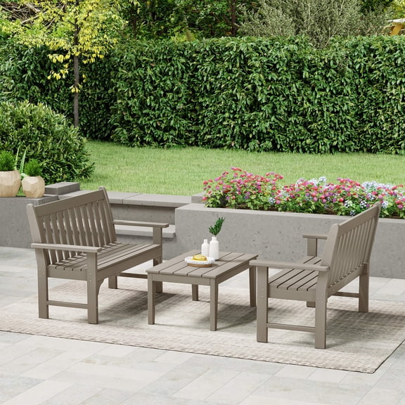 WestinTrends Malibu 3-Piece HDPE Outdoor Patio Furniture Couch and Coffee Table Set, Weathered Wood