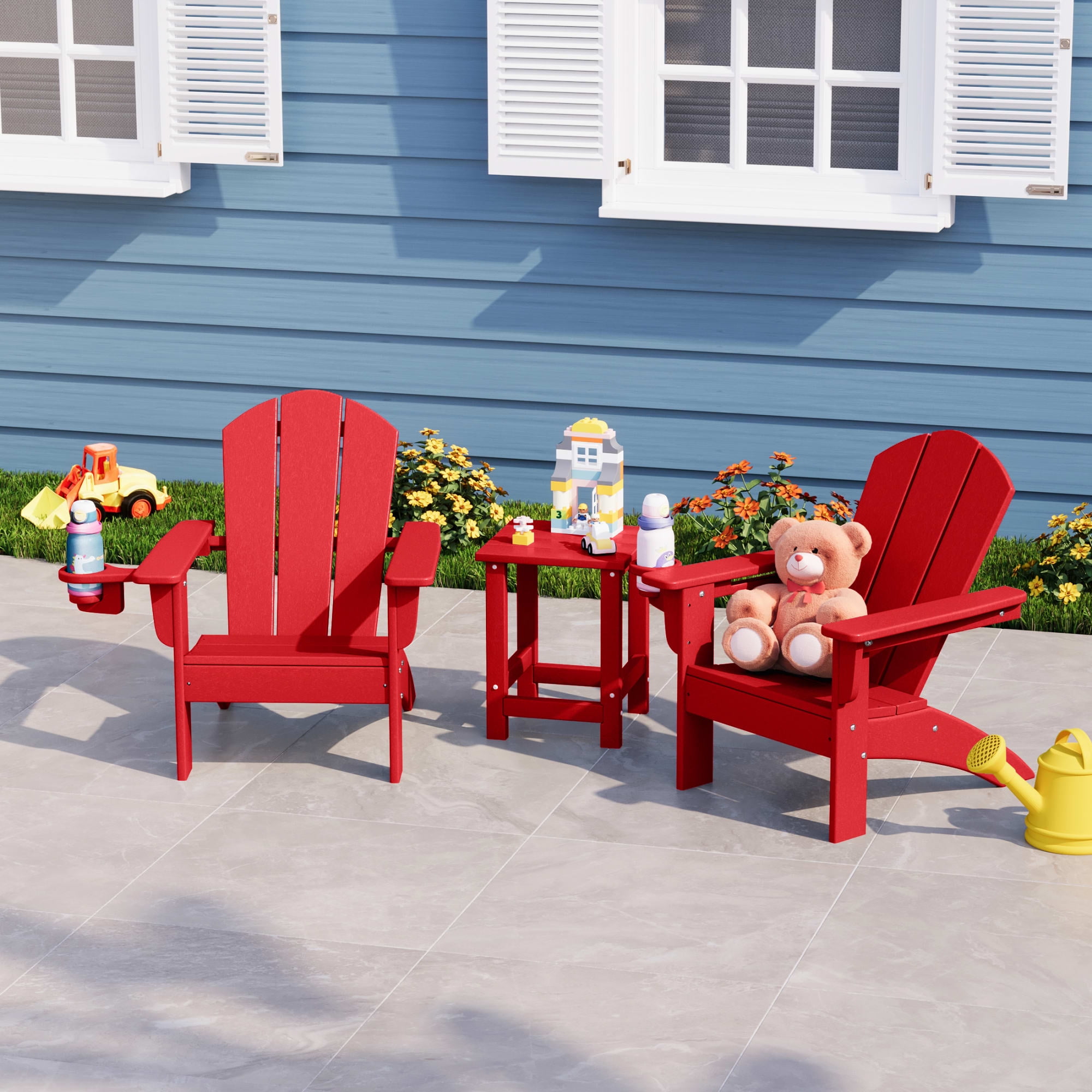 WestinTrends Malibu 3-Piece Kids HDPE Adirondack Chairs Set with Square Side Table and Cup Holders, Red
