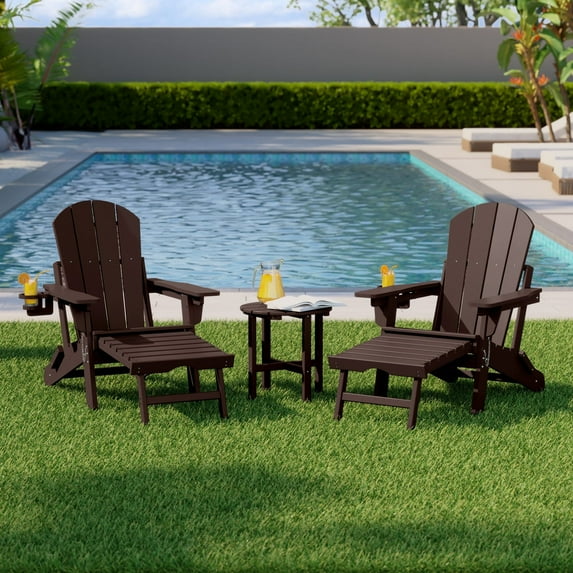 WestinTrends Malibu 3-Piece Outdoor Folding Adjustable Adirondack Chair with Cup Holder & Hideaway Ottoman and 18" Side Table, Dark Brown