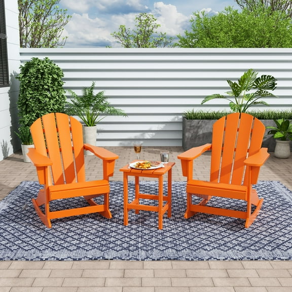 WestinTrends Malibu 3 Piece Outdoor Rocking Chair Set, All Weather Poly Lumber Porch Patio Adirondack Rocking Chair Set of 2 with Side Table, Orange