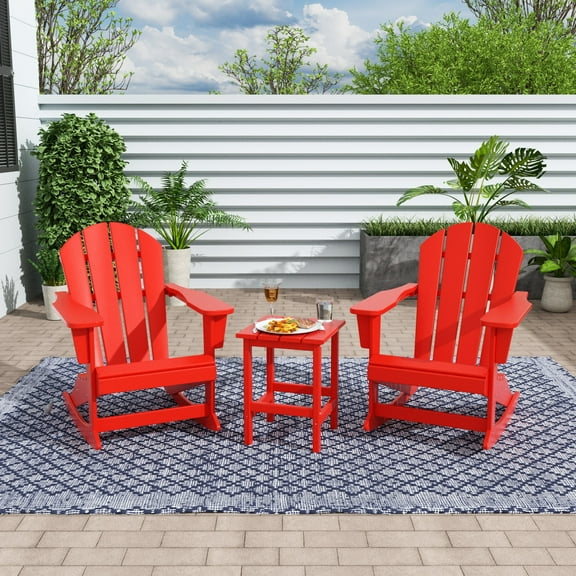 WestinTrends Malibu 3 Piece Outdoor Rocking Chair Set, All Weather Poly Lumber Porch Patio Adirondack Rocking Chair Set of 2 with Side Table, Red