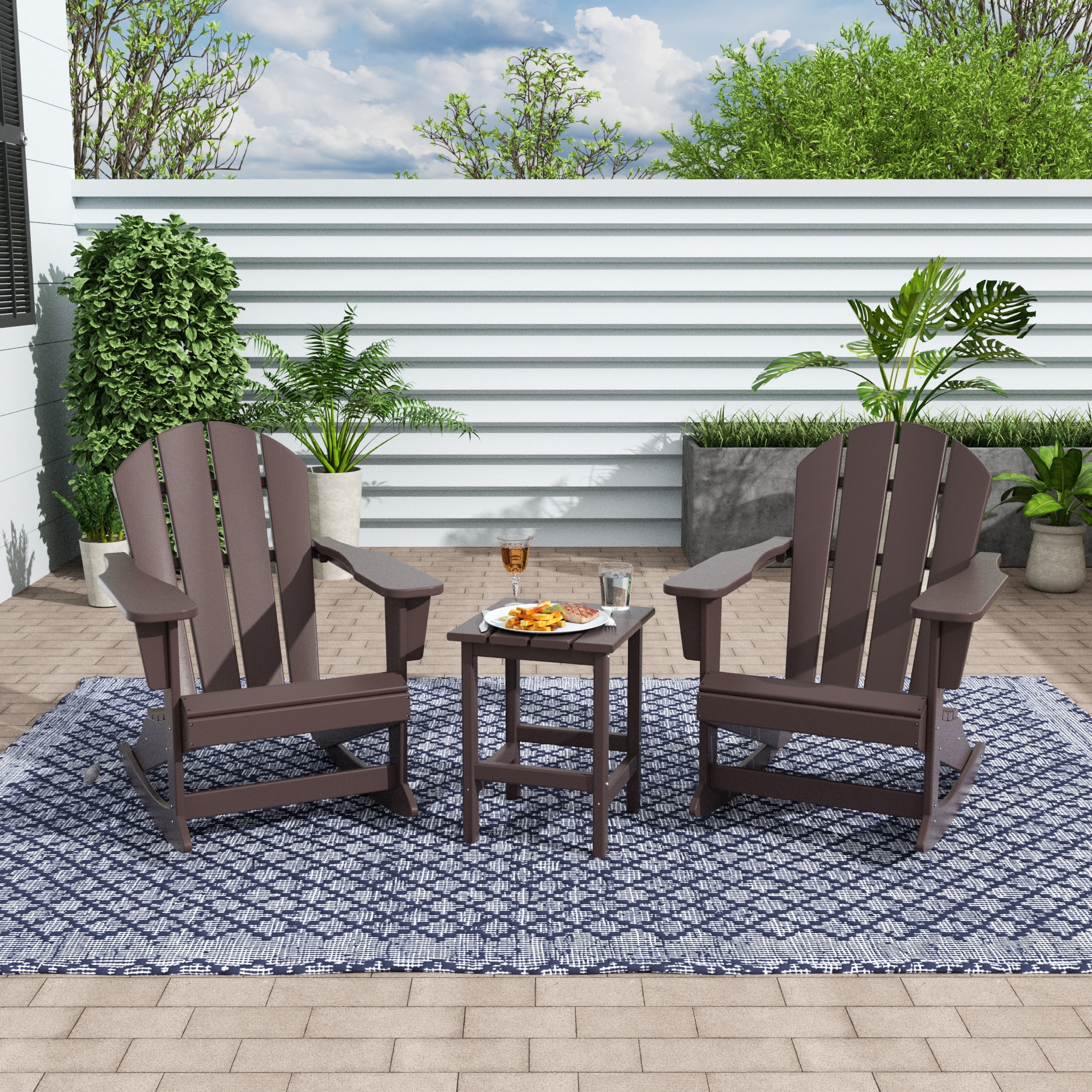 WestinTrends Malibu 3 Piece Outdoor Rocking Chair Set, All Weather Poly Lumber Porch Patio Adirondack Rocking Chair Set of 2 with Side Table, Dark Brown, 2 person, Polyethylene, Plastic