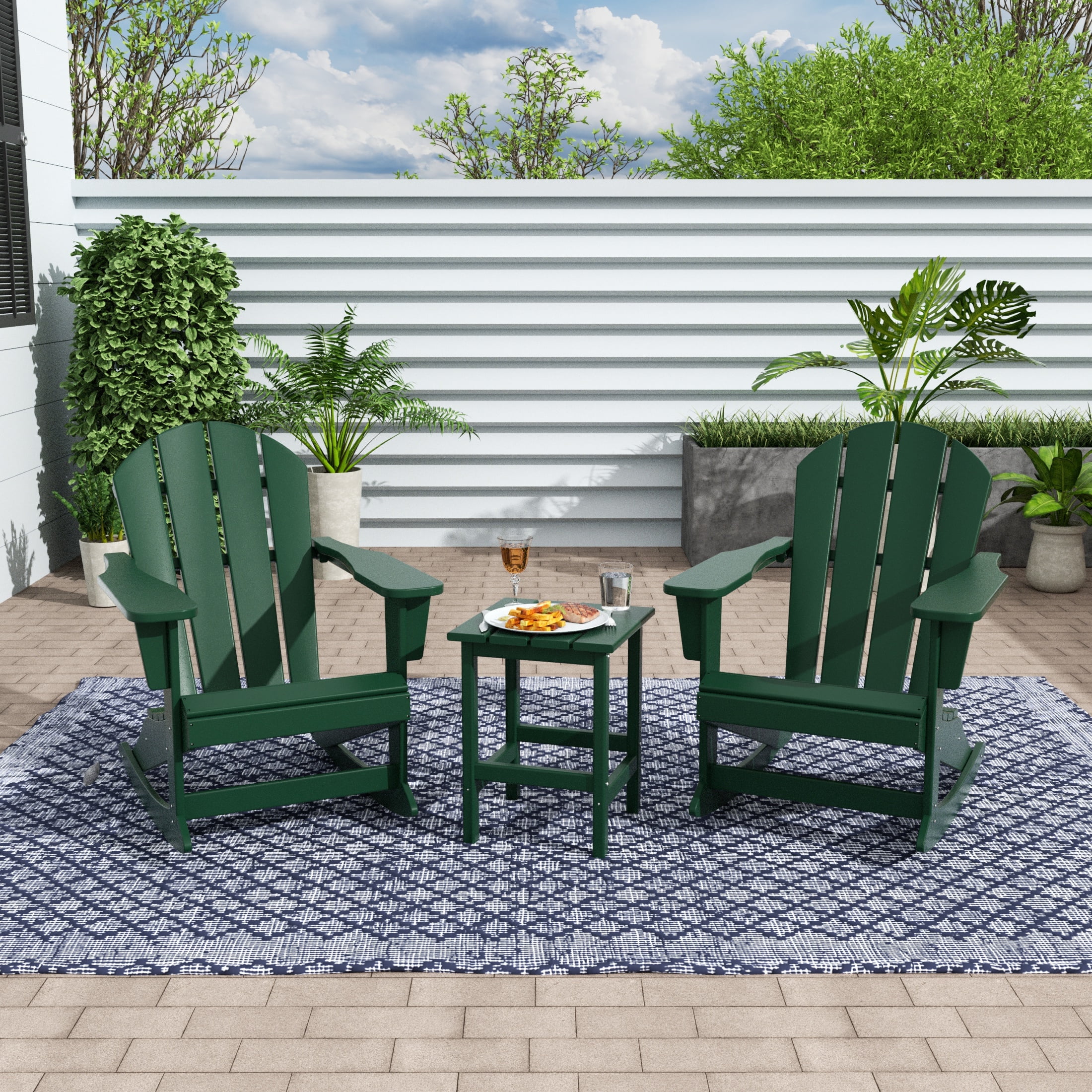 WestinTrends Malibu 3 Piece Outdoor Rocking Chair Set, All Weather Poly Lumber Porch Patio Adirondack Rocking Chair Set of 2 with Side Table, Dark Green