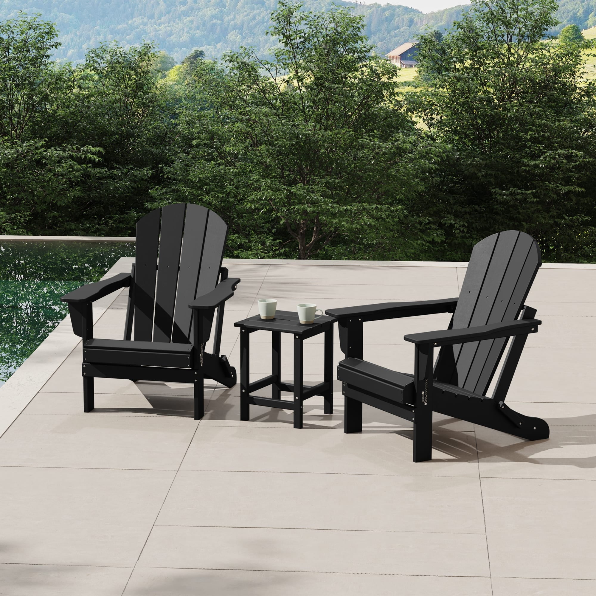 WestinTrends Malibu 3-Pieces Adirondack Chairs Set with Side Table, All Weather Outdoor Seating Plastic Patio Lawn Chair Folding for Outside Porch Deck Backyard, Black