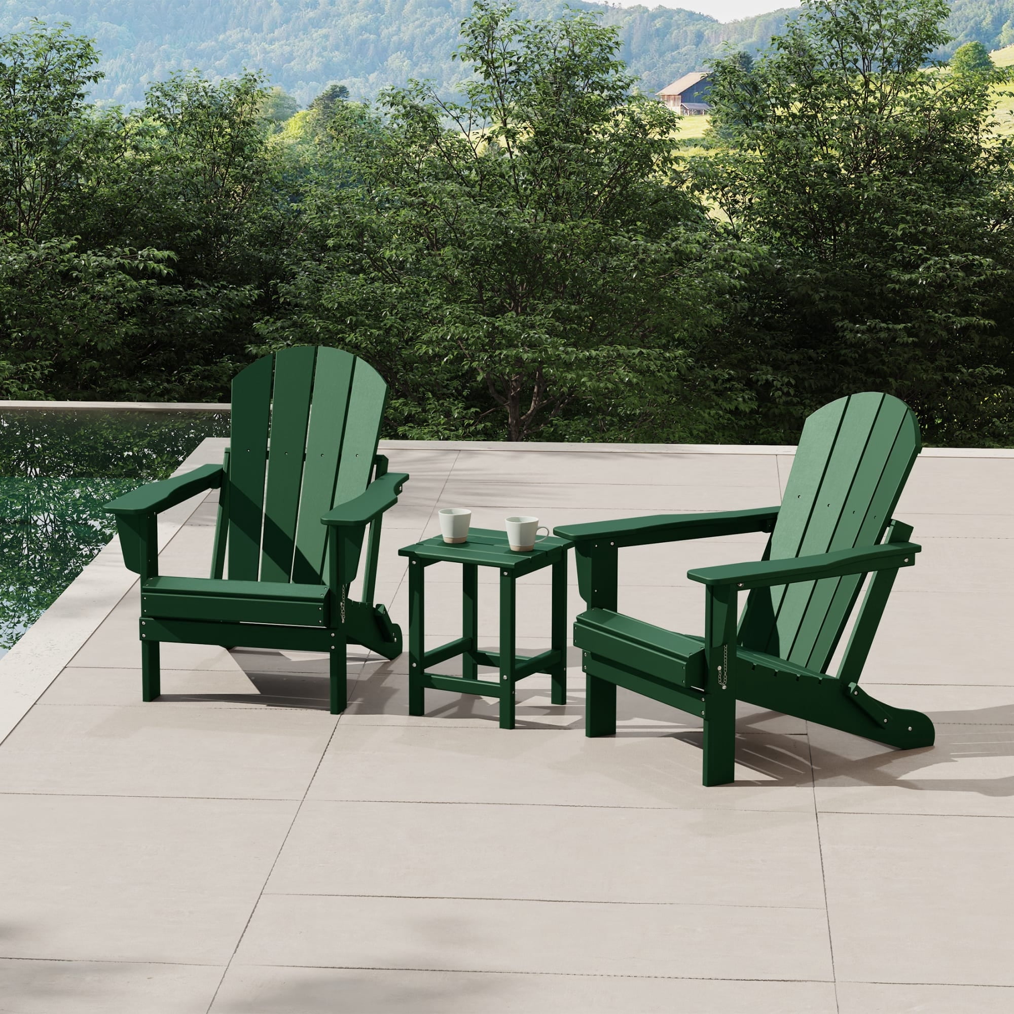 WestinTrends Malibu 3-Pieces Adirondack Chairs Set with Side Table, All Weather Outdoor Seating Plastic Patio Lawn Chair Folding for Outside Porch Deck Backyard, Dark Green