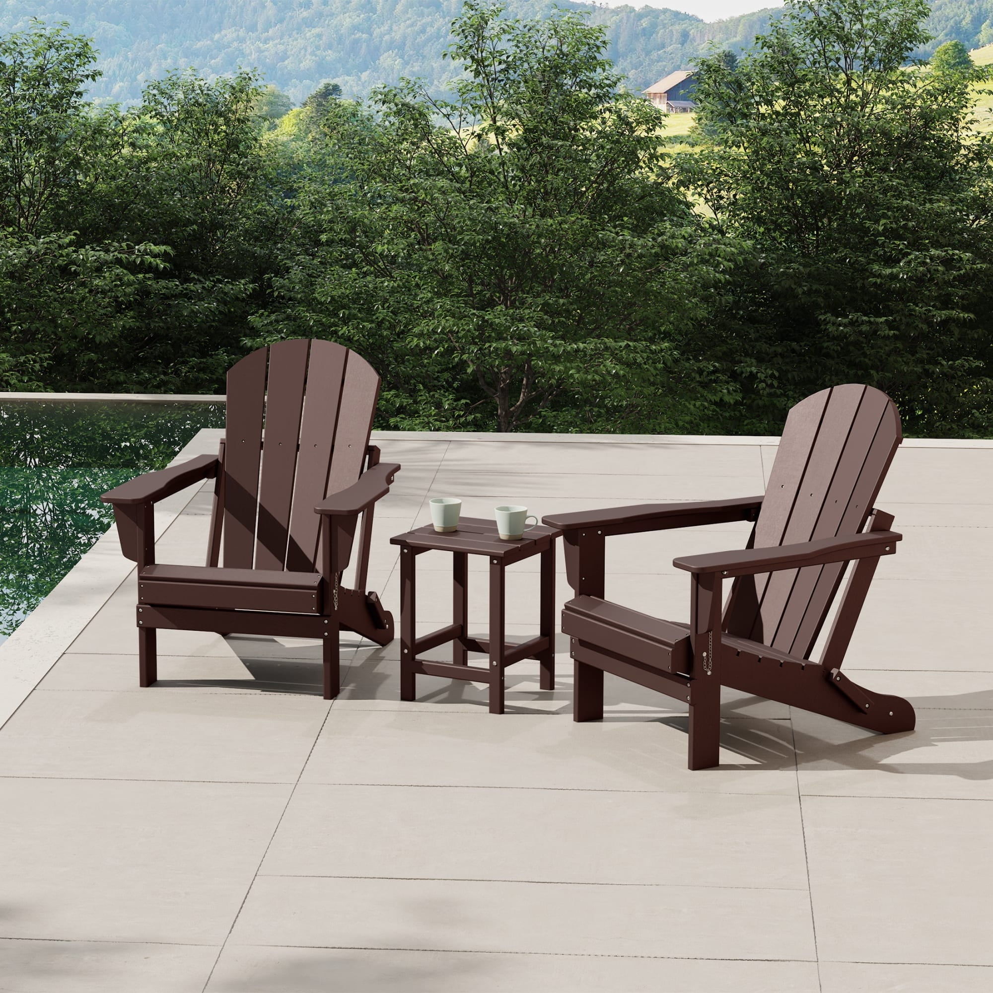 WestinTrends Malibu 3-Pieces Adirondack Chairs Set with Side Table, All Weather Outdoor Seating Plastic Patio Lawn Chair Folding for Outside Porch Deck Backyard, Dark Brown