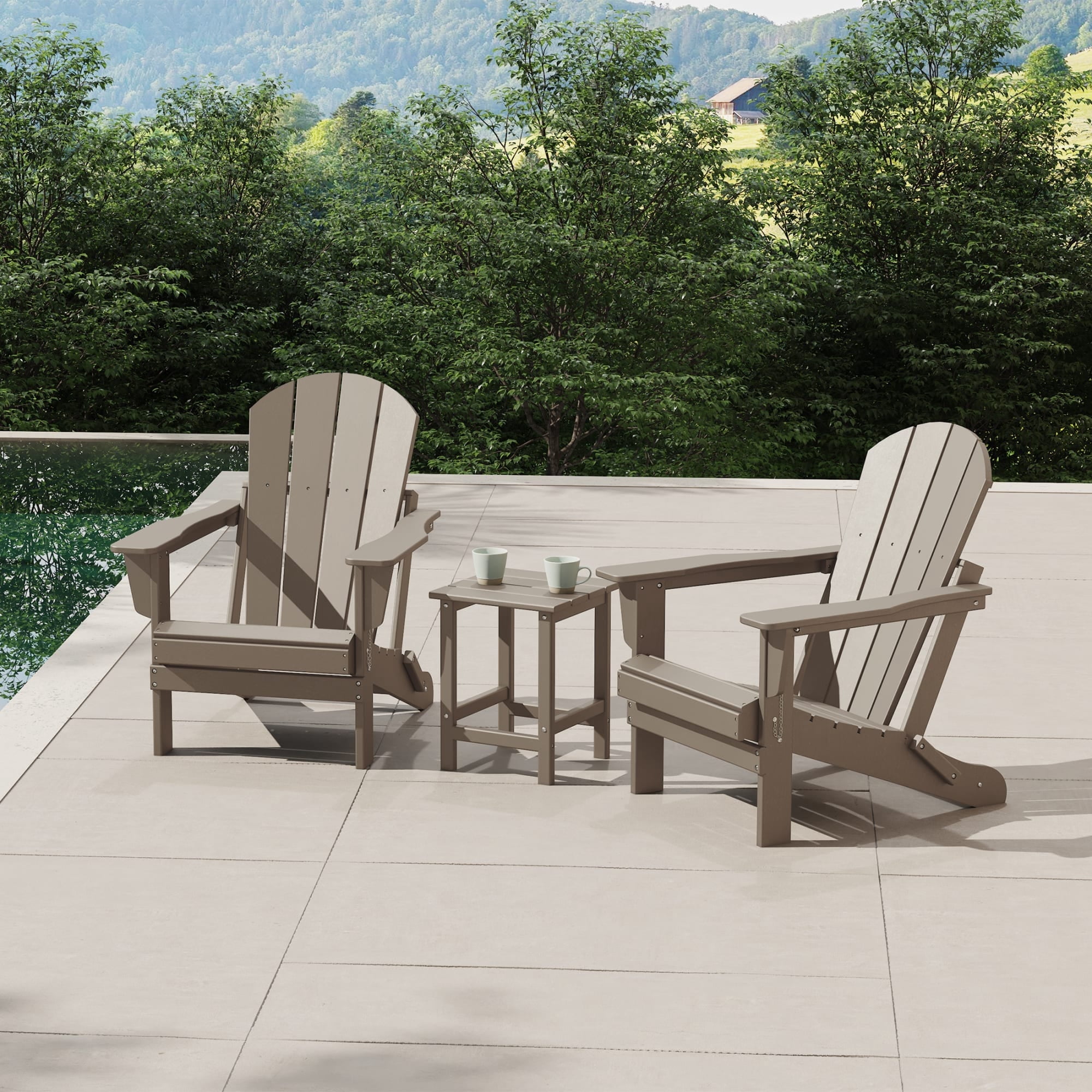 WestinTrends Malibu 3-Pieces Adirondack Chairs Set with Side Table, All Weather Outdoor Seating Plastic Patio Lawn Chair Folding for Outside Porch Deck Backyard, Weathered Wood