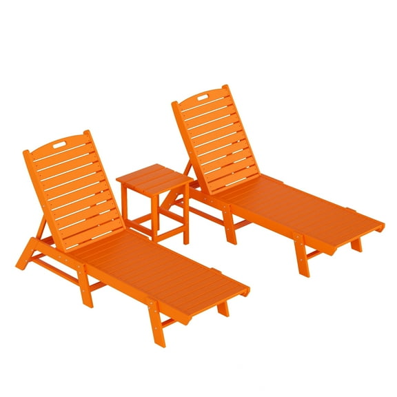 WestinTrends Malibu 3 Pieces Chaise Lounge Set with Side Table, All Weather Poly Lumber Outdoor Lounge Chairs Set of 2 and End Table, Orange