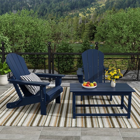 WestinTrends Malibu 3-PC Outdoor Patio Plastic Adirondack chair set with Coffee table ( 2 seater ), Navy Blue