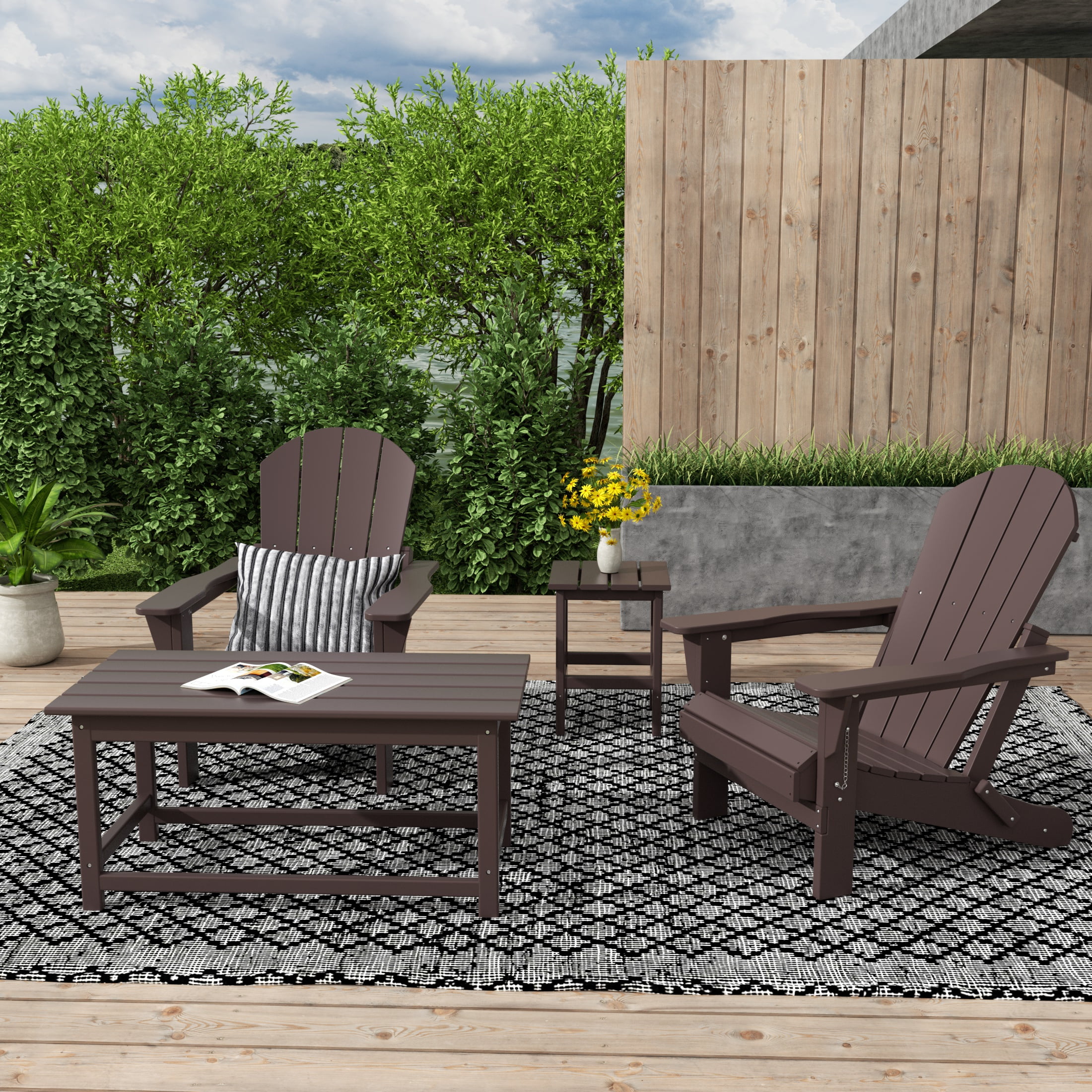 WestinTrends Malibu 4-Pieces Outdoor Patio Furniture Set, All Weather Outdoor Seating Plastic Adirondack Chair Set of 2 with Coffee Table and Side Table, Dark Brown