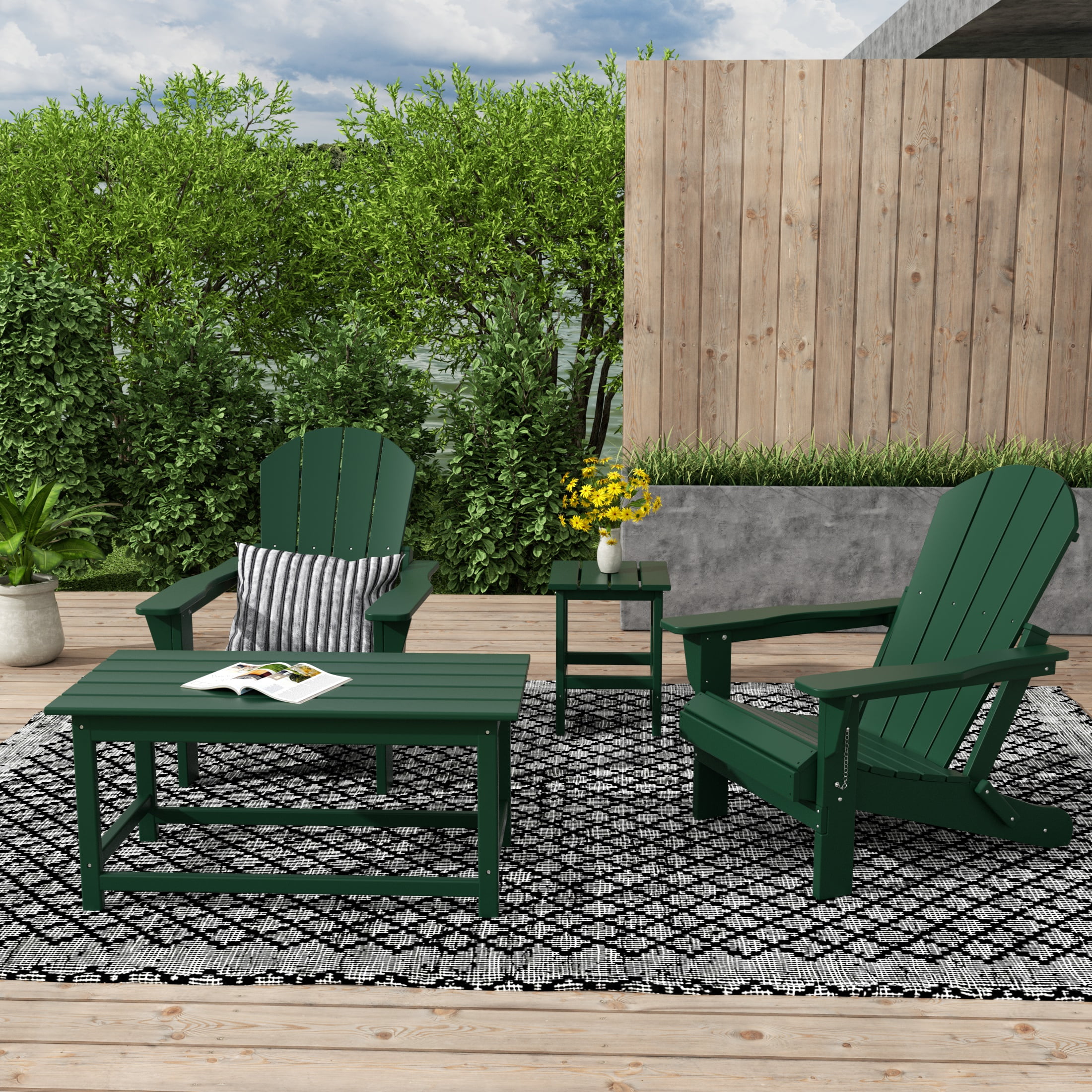 WestinTrends Malibu 4-Pieces Outdoor Patio Furniture Set, All Weather Outdoor Seating Plastic Adirondack Chair Set of 2 with Coffee Table and Side Table, Dark Green