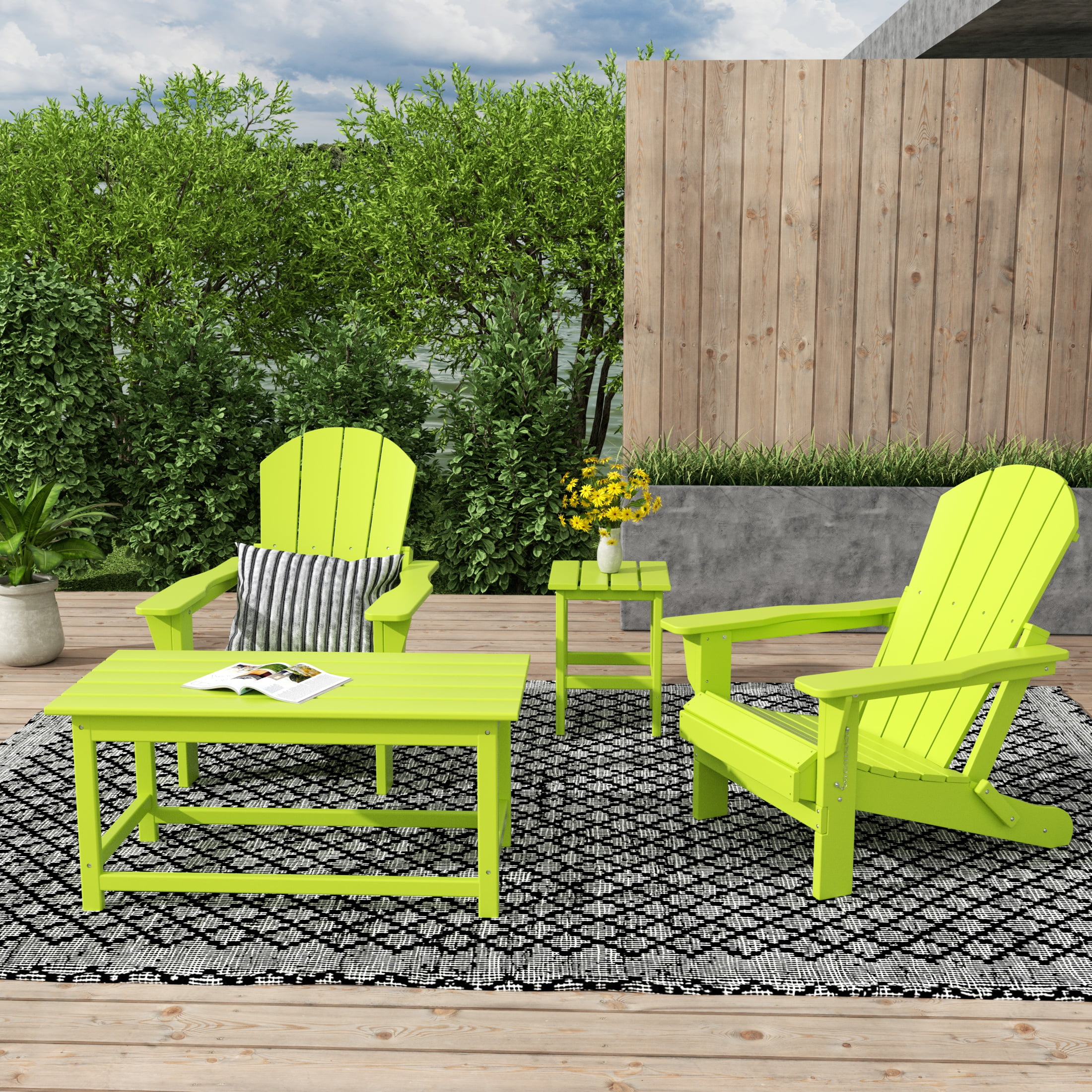 WestinTrends Malibu 4-Pieces Outdoor Patio Furniture Set, All Weather Outdoor Seating Plastic Adirondack Chair Set of 2 with Coffee Table and Side Table, Lime