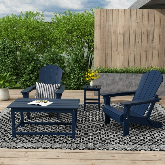 WestinTrends Malibu 4-Pieces Outdoor Patio Furniture Set, All Weather Outdoor Seating Plastic Adirondack Chair Set of 2 with Coffee Table and Side Table, Navy Blue
