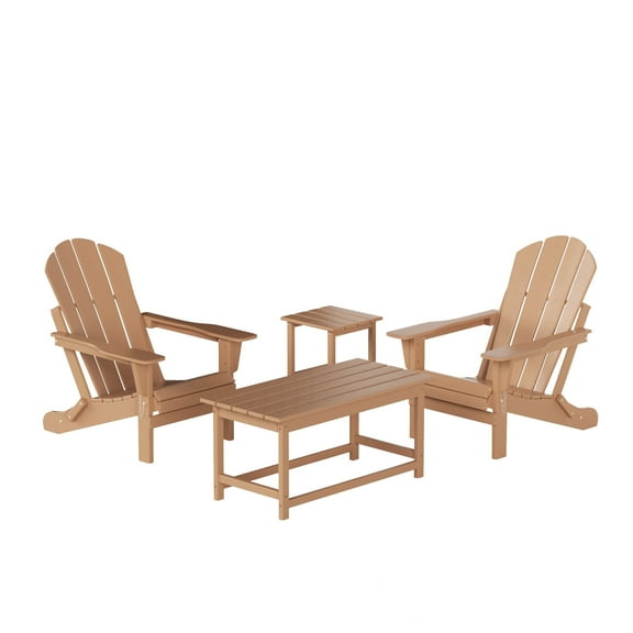 WestinTrends Malibu 4-Pieces Outdoor Patio Furniture Set, All Weather Outdoor Seating Plastic Adirondack Chair Set of 2 with Coffee Table and Side Table, Teak