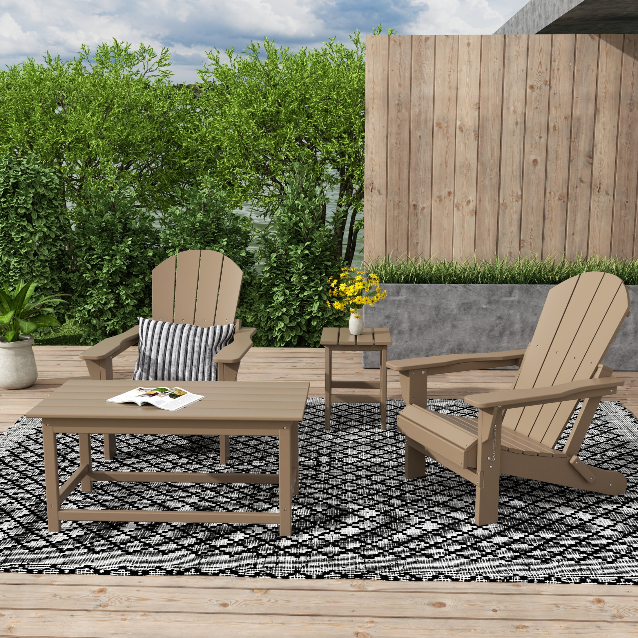 WestinTrends Malibu 4-Pieces Outdoor Patio Furniture Set, All Weather Outdoor Seating Plastic Adirondack Chair Set of 2 with Coffee Table and Side Table, Weathered Wood