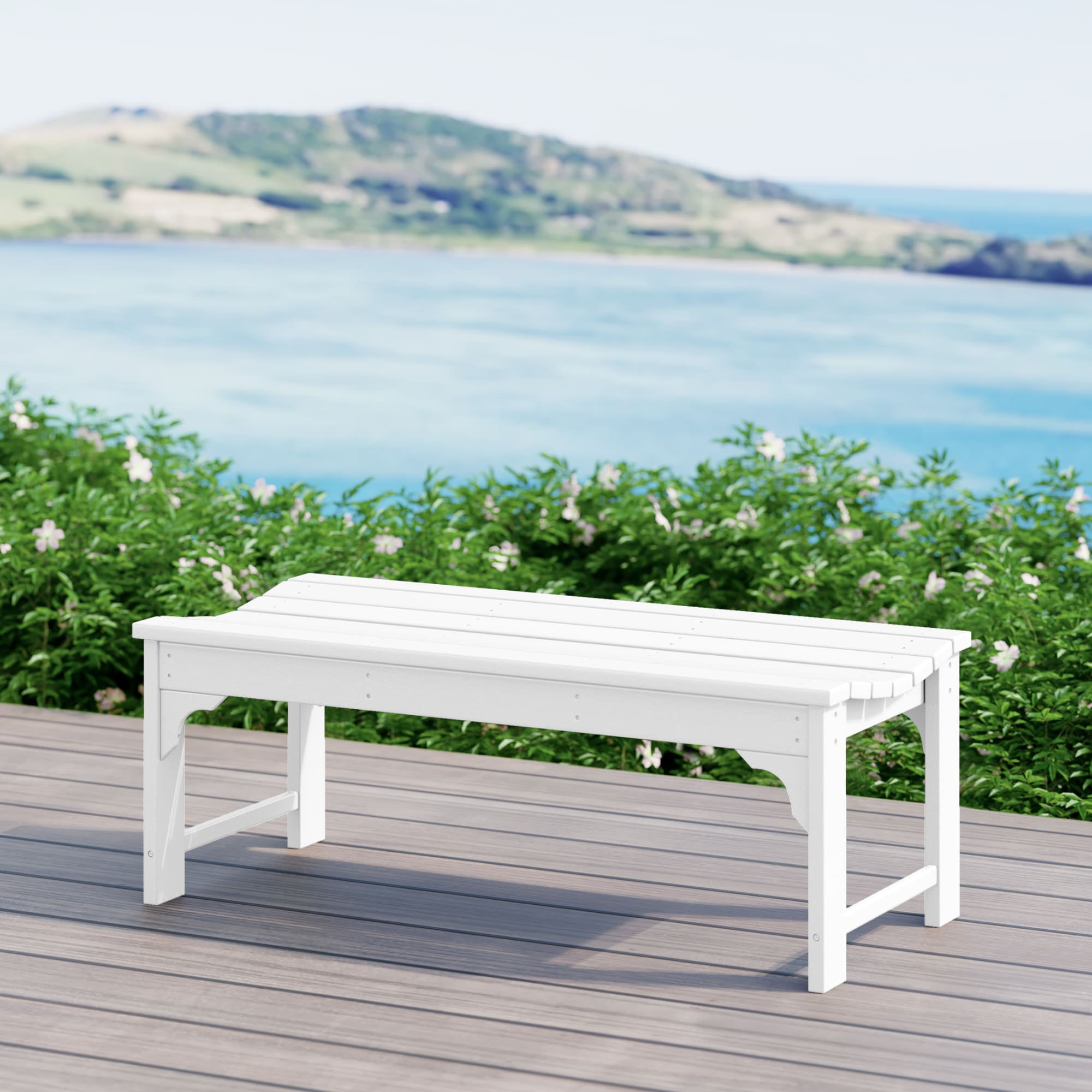 White Backless All-Weather Plastic Outdoor Bench
