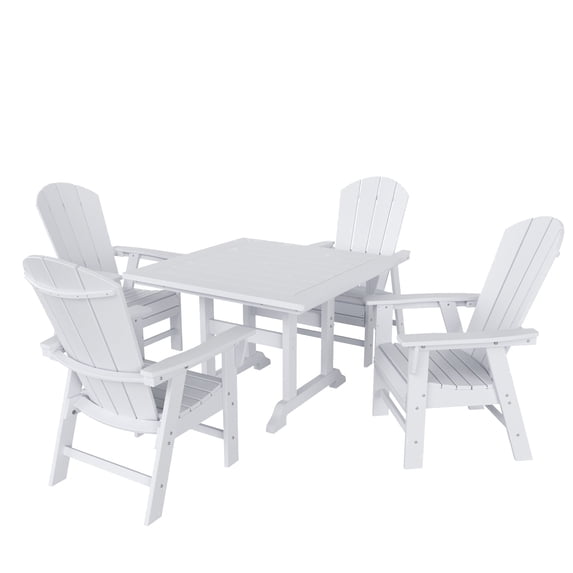WestinTrends Malibu 5 Piece Adirondack Outdoor Dining Set, All Weather Poly Lumber Patio Table and Chairs Furniture Set, 43" Trestle Square Dining Table and 4 Adirondack Dining Chair, White