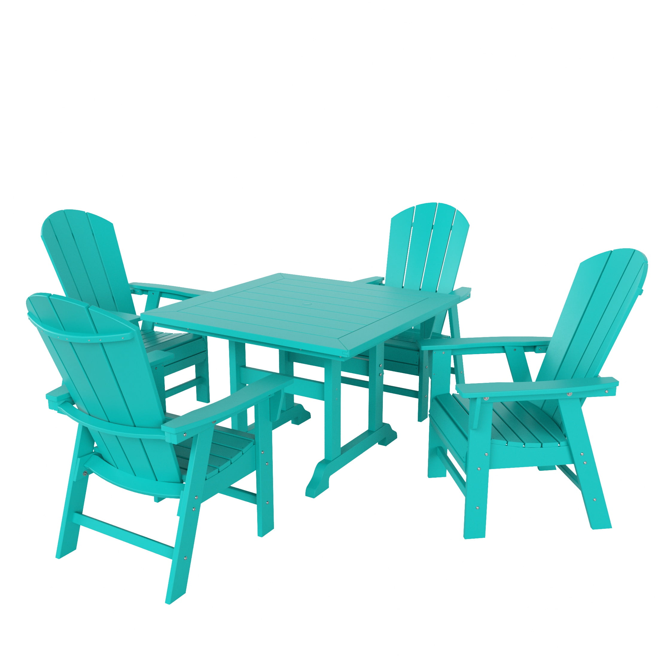 WestinTrends Malibu 5 Piece Adirondack Outdoor Dining Set, All Weather Poly Lumber Patio Table and Chairs Furniture Set, 43" Trestle Square Dining Table and 4 Adirondack Dining Chair, Turquoise