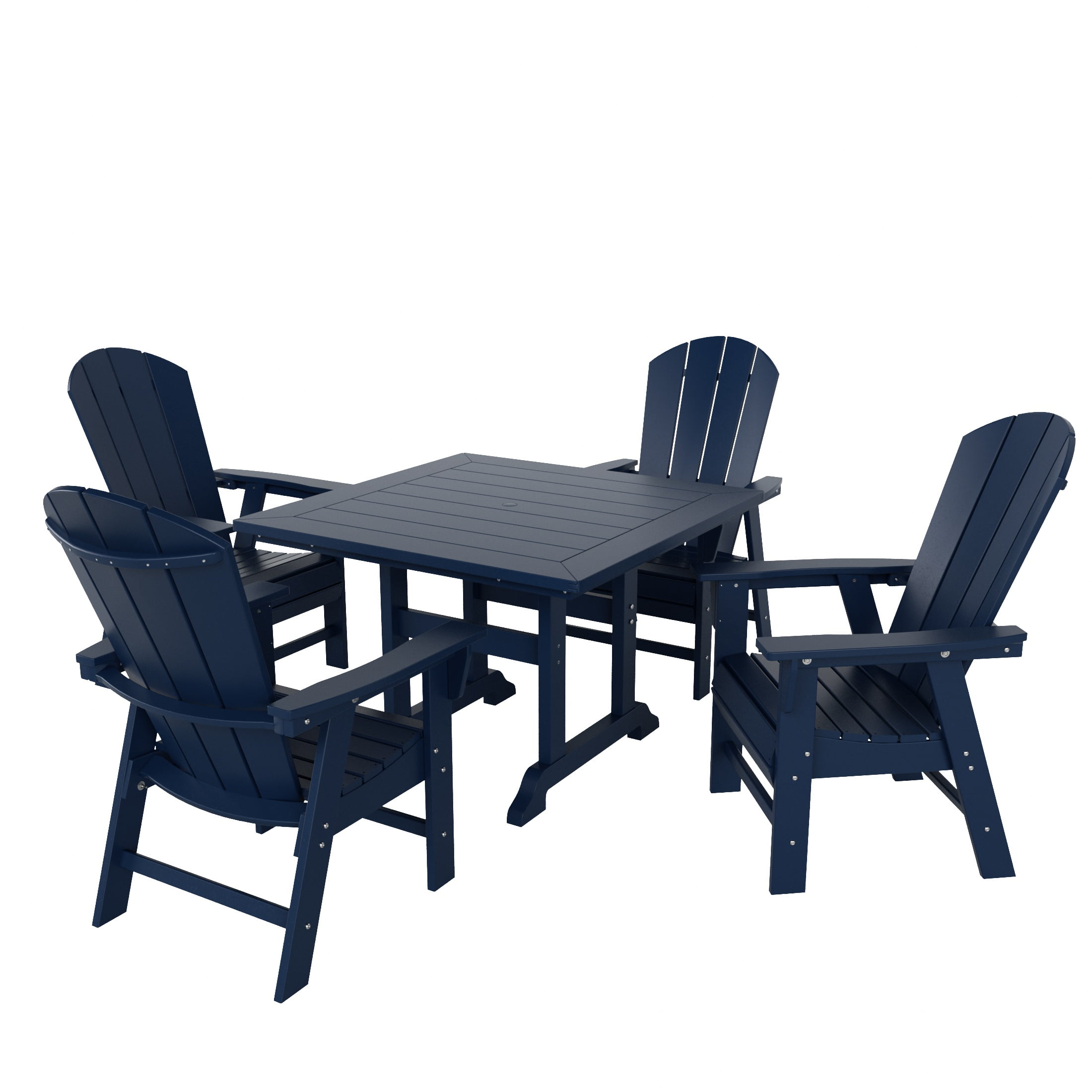 WestinTrends Malibu 5 Piece Adirondack Outdoor Dining Set, All Weather Poly Lumber Patio Table and Chairs Furniture Set, 43" Trestle Square Dining Table and 4 Adirondack Dining Chair, Navy Blue