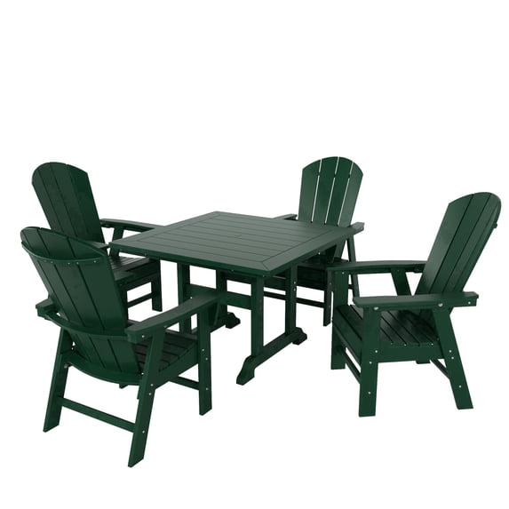 WestinTrends Malibu 5 Piece Adirondack Outdoor Dining Set, All Weather Poly Lumber Patio Table and Chairs Furniture Set, 43" Trestle Square Dining Table and 4 Adirondack Dining Chair, Dark Green