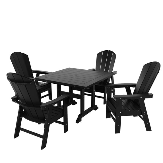 WestinTrends Malibu 5 Piece Adirondack Outdoor Dining Set, All Weather Poly Lumber Patio Table and Chairs Furniture Set, 43" Trestle Square Dining Table and 4 Adirondack Dining Chair, Black