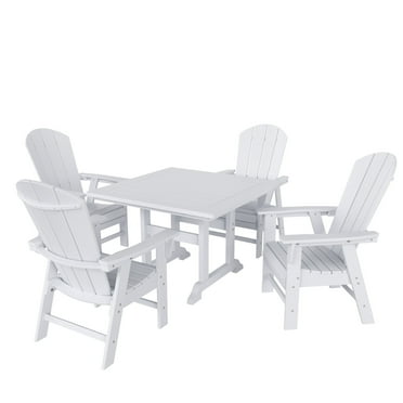 WestinTrends Malibu 5 Piece Adirondack Outdoor Dining Set, All Weather Poly Lumber Patio Table and Chairs Furniture Set, 43" Trestle Square Dining Table and 4 Adirondack Dining Chair, White