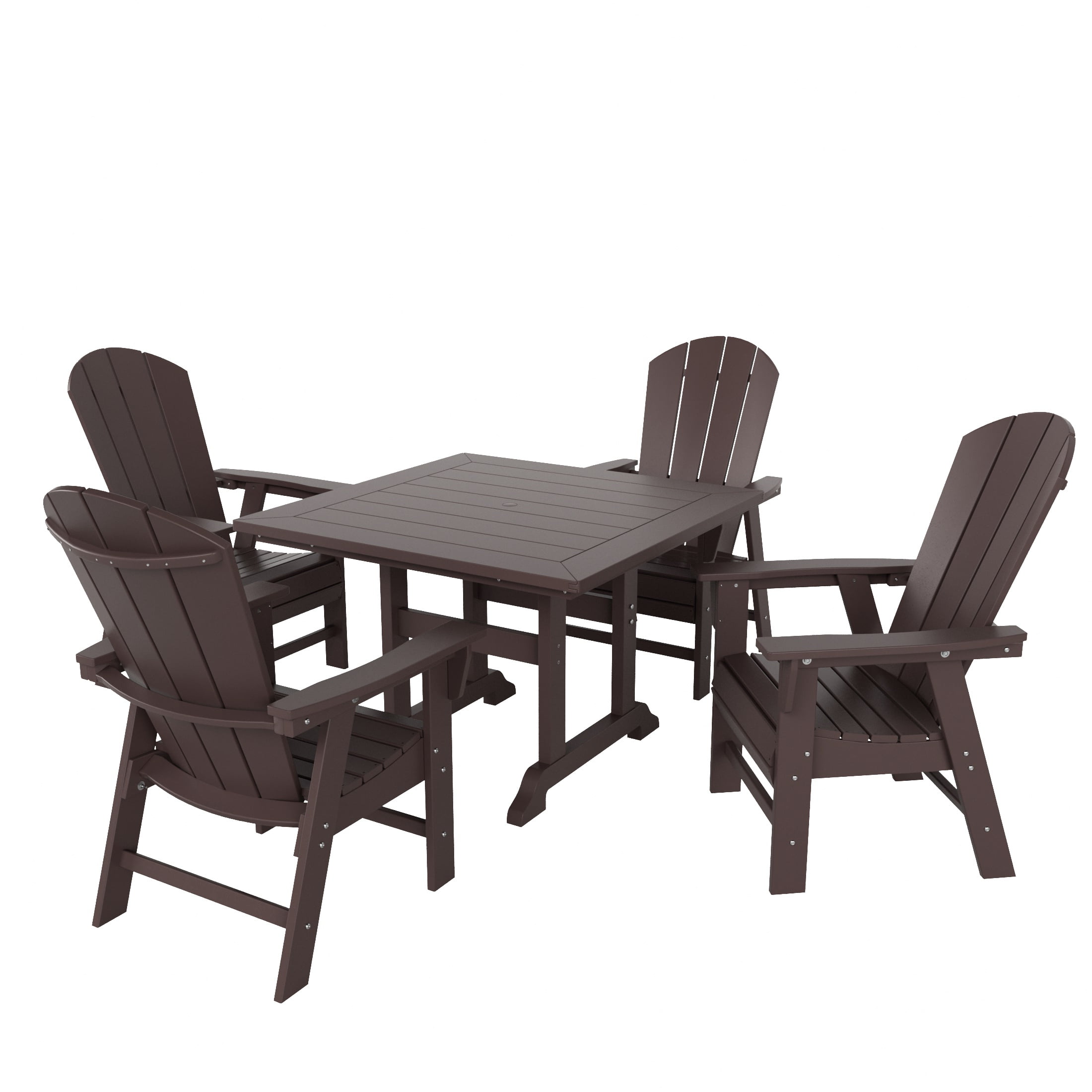 WestinTrends Malibu 5 Piece Adirondack Outdoor Dining Set, All Weather Poly Lumber Patio Table and Chairs Furniture Set, 43" Trestle Square Dining Table and 4 Adirondack Dining Chair, Dark Brown