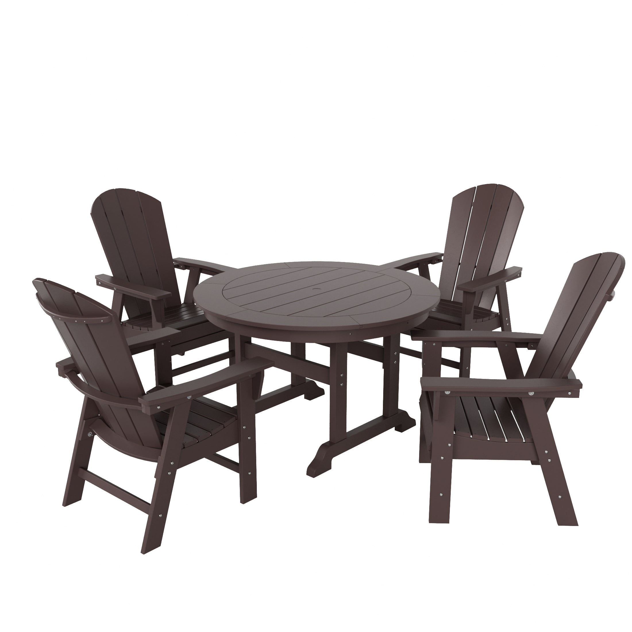 WestinTrends Malibu 5 Piece Adirondack Patio Dining Set, All Weather Poly Lumber Outdoor Table and Chairs Furniture Set, 47" Trestle Round Dining Table and 4 Adirondack Dining Chair, Dark Brown
