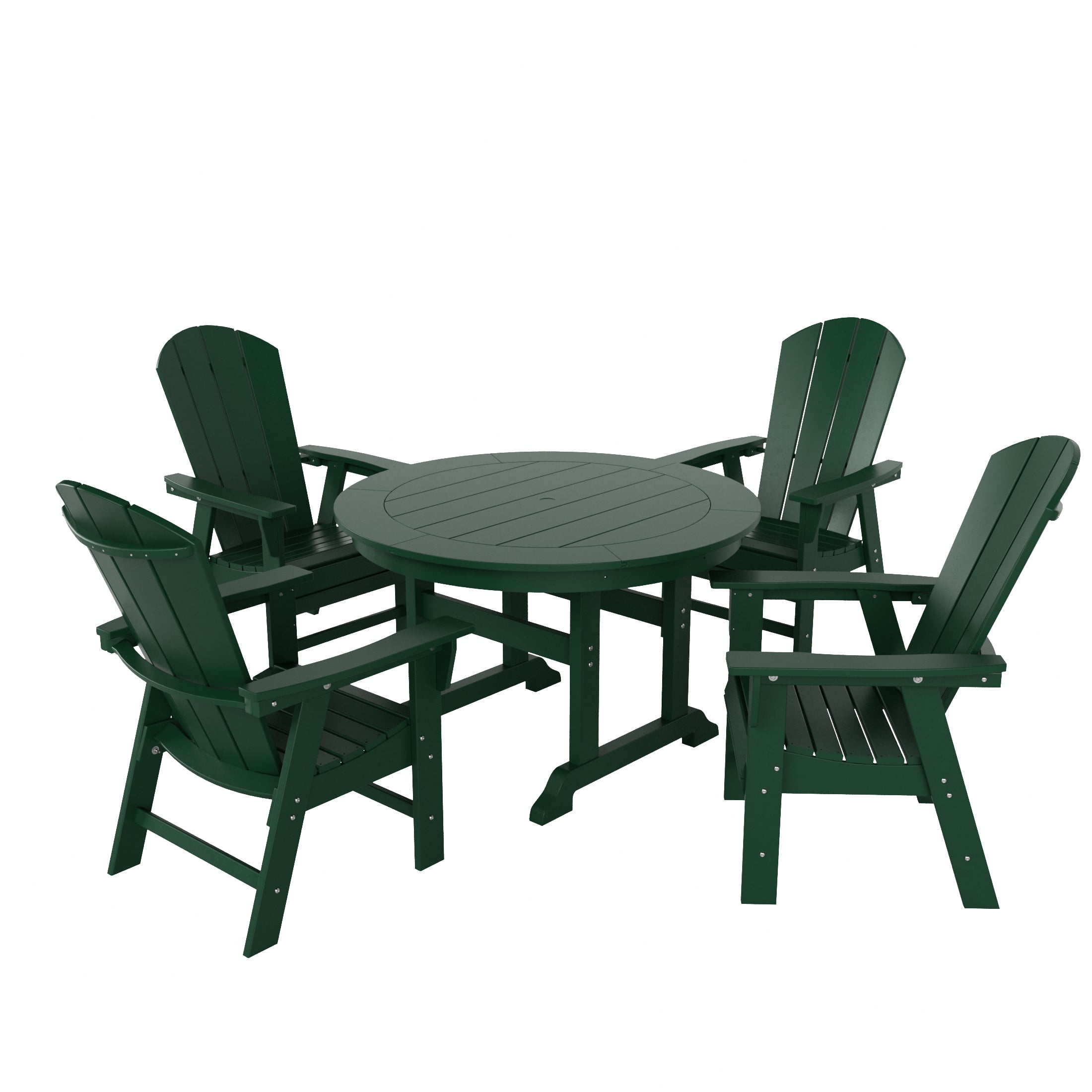 WestinTrends Malibu 5 Piece Adirondack Patio Dining Set, All Weather Poly Lumber Outdoor Table and Chairs Furniture Set, 47" Trestle Round Dining Table and 4 Adirondack Dining Chair, Dark Green