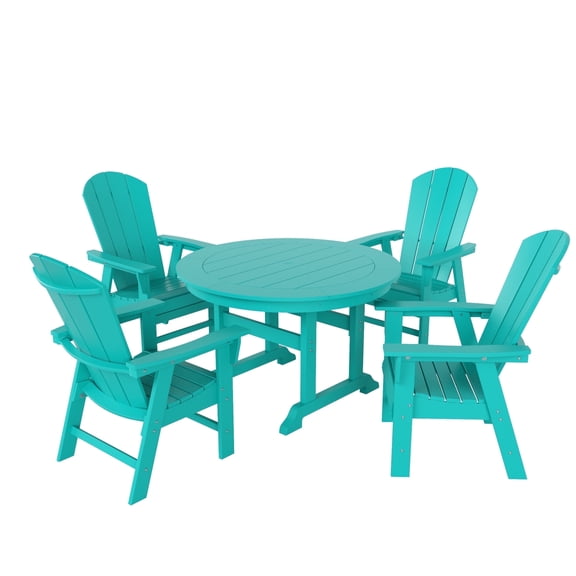 WestinTrends Malibu 5 Piece Adirondack Patio Dining Set, All Weather Poly Lumber Outdoor Table and Chairs Furniture Set, 47" Trestle Round Dining Table and 4 Adirondack Dining Chair, Turquoise