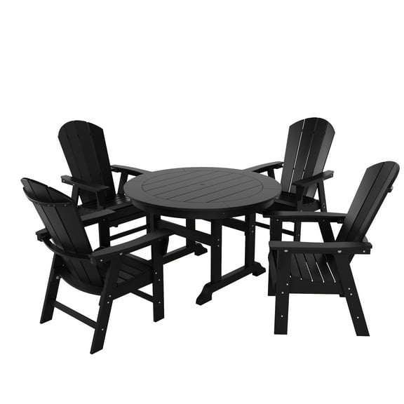 WestinTrends Malibu 5 Piece Adirondack Patio Dining Set, All Weather Poly Lumber Outdoor Table and Chairs Furniture Set, 47" Trestle Round Dining Table and 4 Adirondack Dining Chair, Black