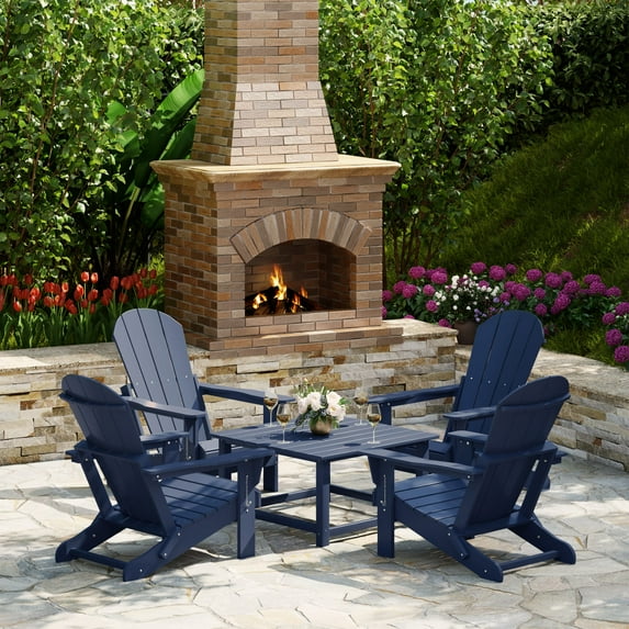 WestinTrends Malibu 5-Piece HDPE Adirondack Chair Outdoor Patio Square Table Conversation Set, Navy Blue