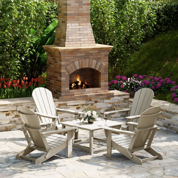 WestinTrends Malibu 5-Piece HDPE Adirondack Chair Outdoor Patio Square Table Conversation Set, Sand