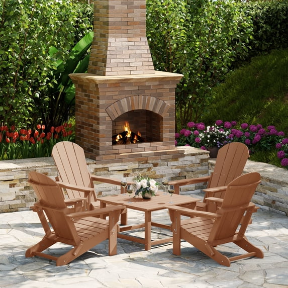 WestinTrends Malibu 5-Piece HDPE Adirondack Chair Outdoor Patio Square Table Conversation Set, Teak