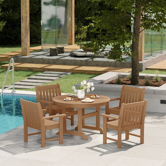 WestinTrends Malibu 5-Piece HDPE Outdoor Patio Chair and Round Table Dining Set, Teak