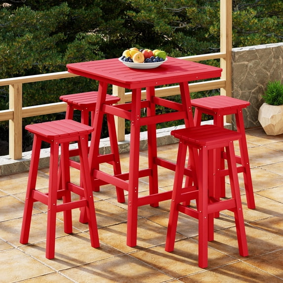WestinTrends Malibu 5-Piece HDPE Outdoor Patio Dining Bar Bistro Table Set with Bar Stools, Red
