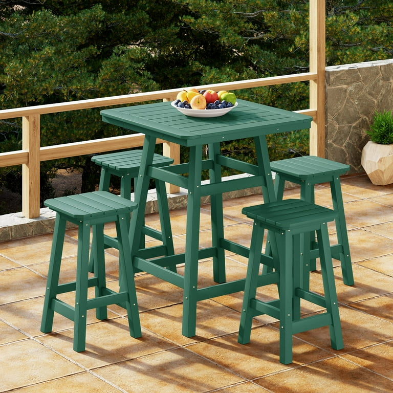 WestinTrends Malibu 5 Piece HDPE Outdoor Patio Dining Bar Bistro Table Set with Counter High Bar Stool Dark Green