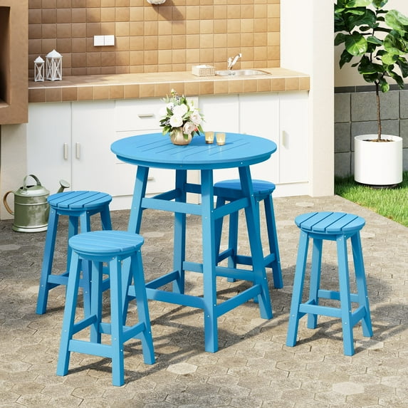 WestinTrends Malibu 5-Piece HDPE Outdoor Patio Dining Bar Bistro Table Set with Counter High Round Bar Stools, Pacific Blue