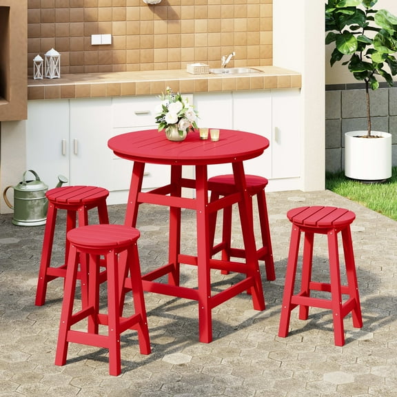 WestinTrends Malibu 5-Piece HDPE Outdoor Patio Dining Bar Bistro Table Set with Counter High Round Bar Stools, Red
