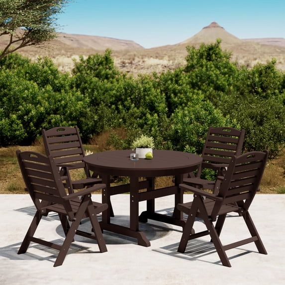 WestinTrends Malibu 5-Piece HDPE Round Patio Dining Table Set with Foldable Chairs, Dark Brown