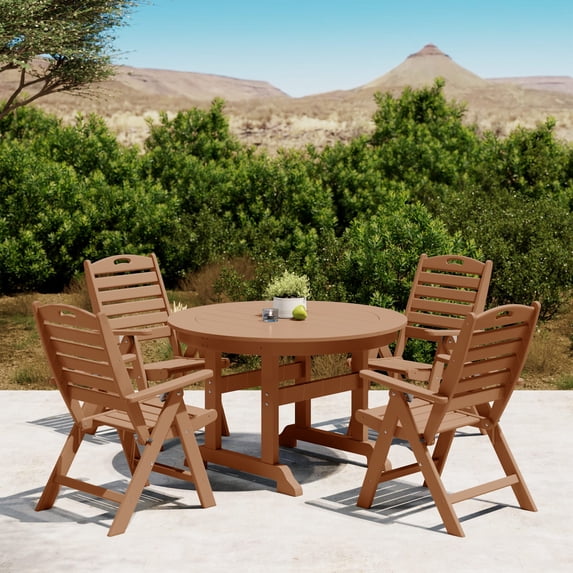 WestinTrends Malibu 5-Piece HDPE Round Patio Dining Table Set with Foldable Chairs, Teak