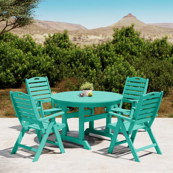 WestinTrends Malibu 5-Piece HDPE Round Patio Dining Table Set with Foldable Chairs, Turquoise