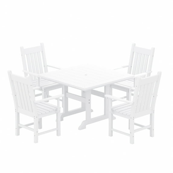 WestinTrends Malibu 5 Piece Outdoor Dining Set, All Weather Poly Lumber Patio Table and Chairs Furniture Set, 43" Square Dining Table with Umbrella Hole and 4 Arm Chairs, White
