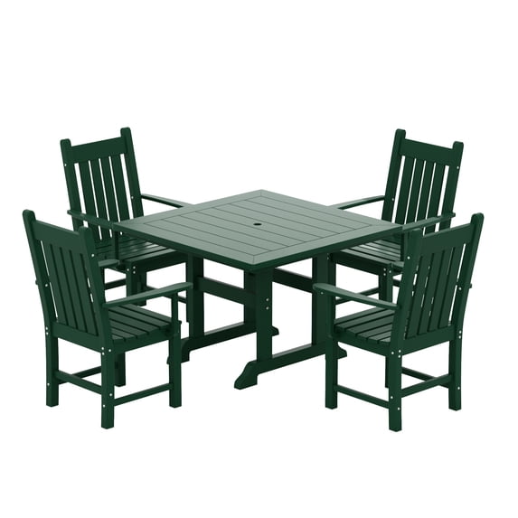 WestinTrends Malibu 5 Piece Outdoor Dining Set, All Weather Poly Lumber Patio Table and Chairs Furniture Set, 43" Square Dining Table with Umbrella Hole and 4 Arm Chairs, Dark Green