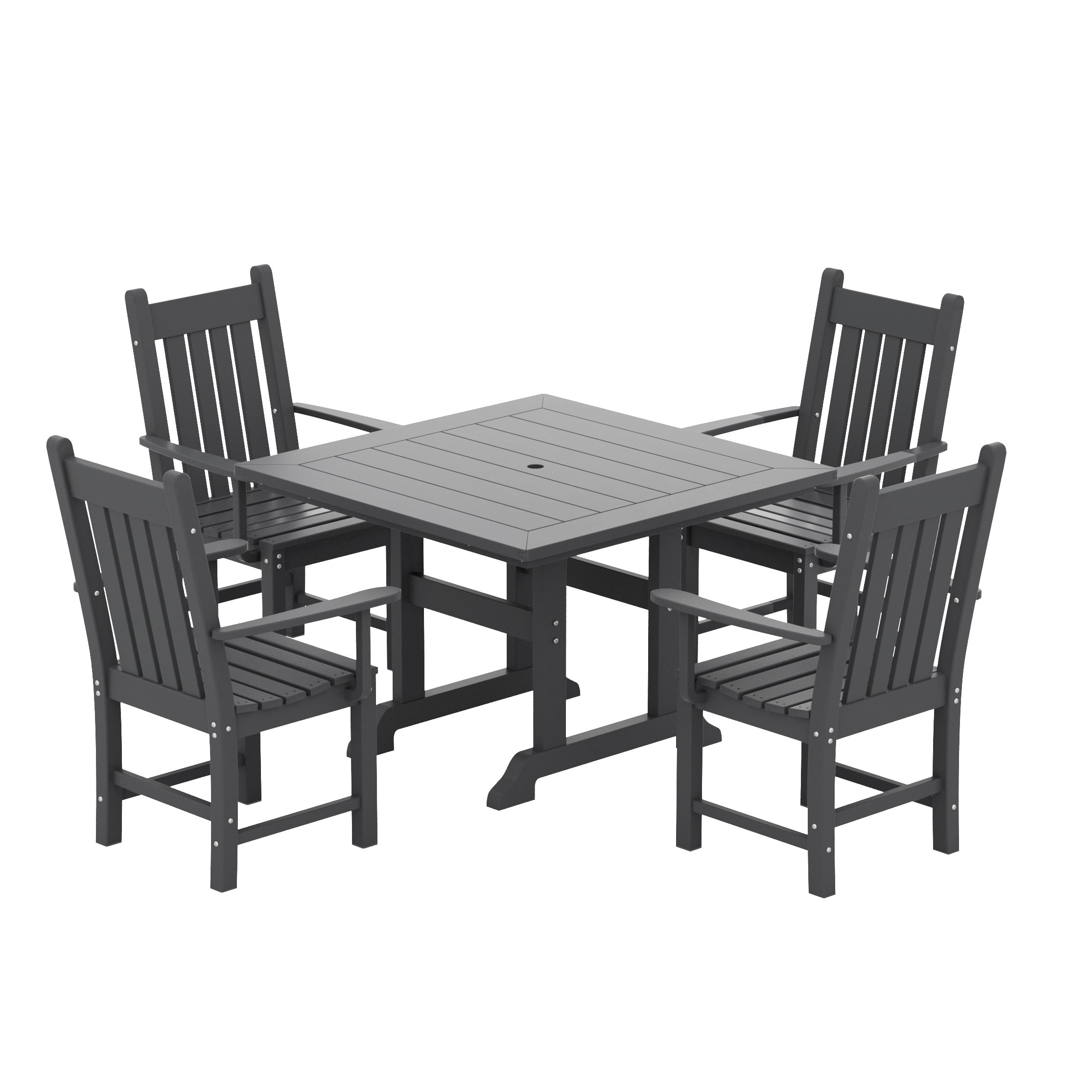 WestinTrends Malibu 5 Piece Outdoor Dining Set, All Weather Poly Lumber Patio Table and Chairs Furniture Set, 43" Square Dining Table with Umbrella Hole and 4 Arm Chairs, Gray
