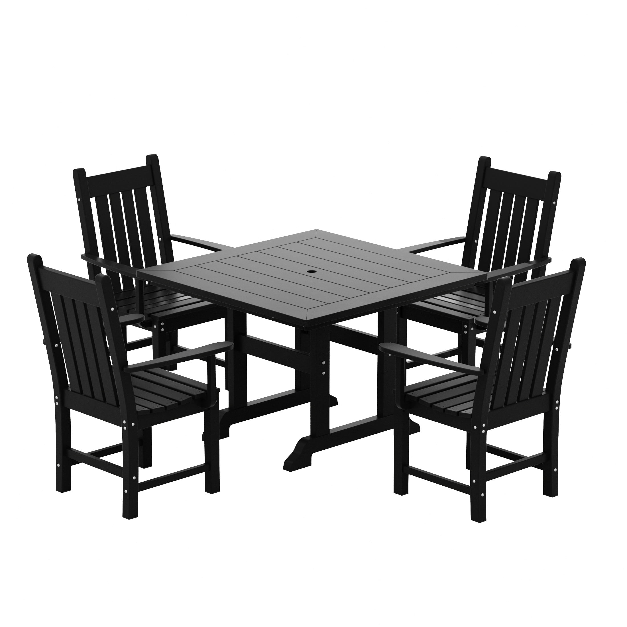 WestinTrends Malibu 5 Piece Outdoor Dining Set, All Weather Poly Lumber Patio Table and Chairs Furniture Set, 43" Square Dining Table with Umbrella Hole and 4 Arm Chairs, Black